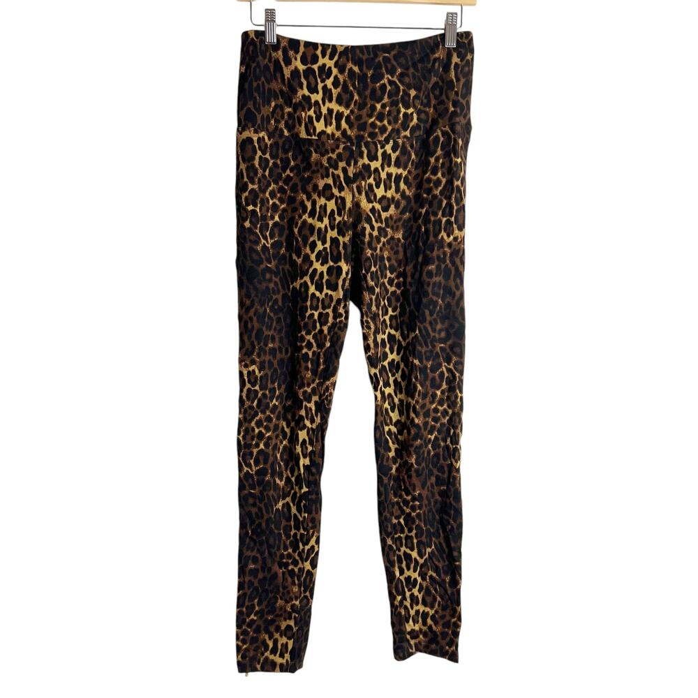 IMAN Black Brown Leopard Animal Print Zip Ankle High Rise Leggings Size Medium